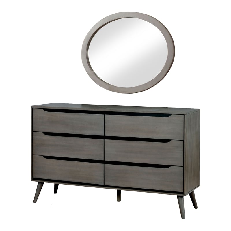 FOA Belkor 4pc Gray Wood Bedroom Set - King+Nightstand+Dresser+Oval Mirror