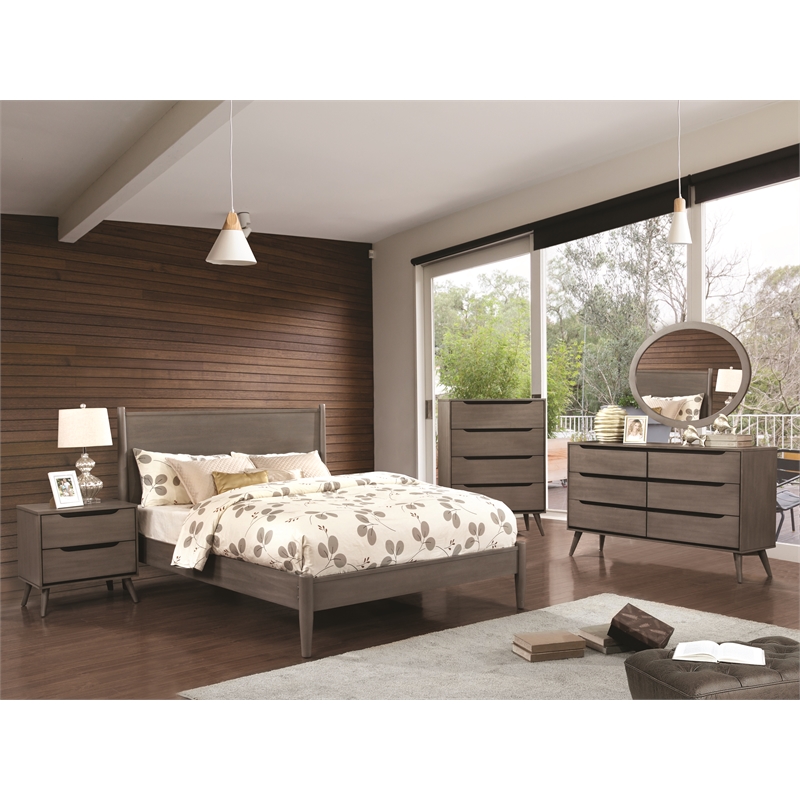 FOA Belkor 4pc Gray Wood Bedroom Set - Queen+Nightstand+Dresser+Oval Mirror