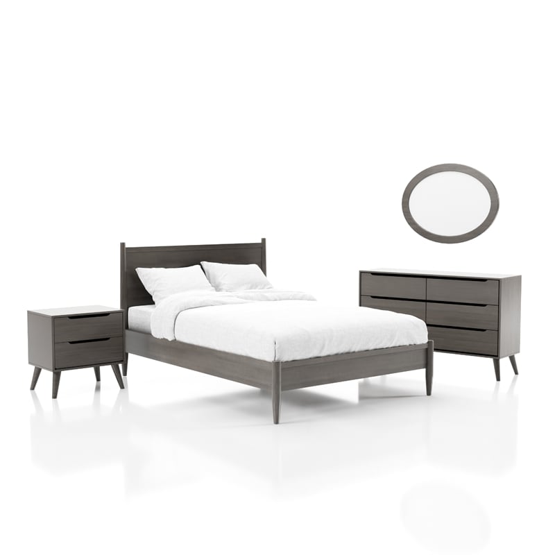 FOA Belkor 4pc Gray Wood Bedroom Set - Queen+Nightstand+Dresser+Oval Mirror