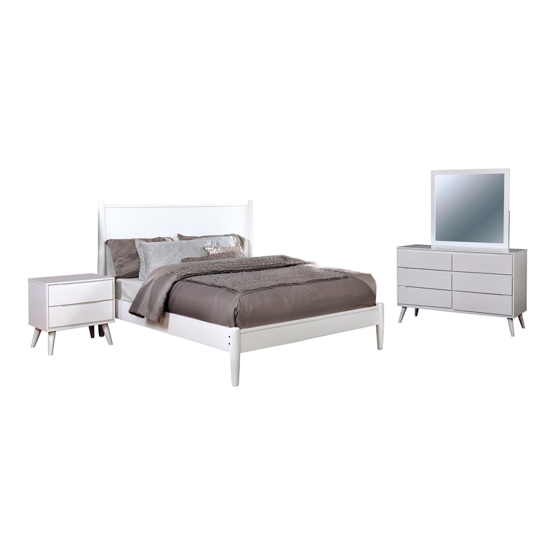 FOA Belkor 4pc White Wood Bedroom Set - Queen+Nightstand+Dresser+Mirror