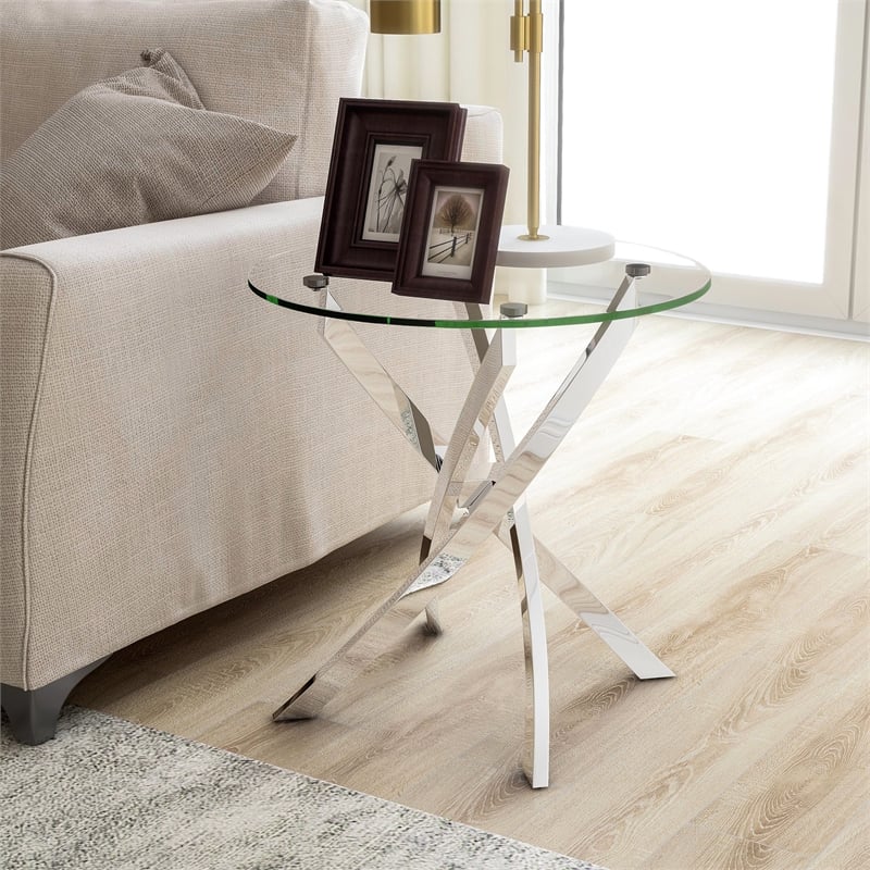 Furniture of America Cheatham Contemporary Glass Top End Table in Chrome