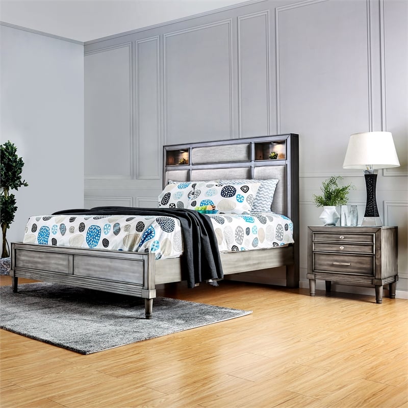 FOA Cartagena 2pc Gray Solid Wood Bedroom Set- Cal King + 1 Nightstand