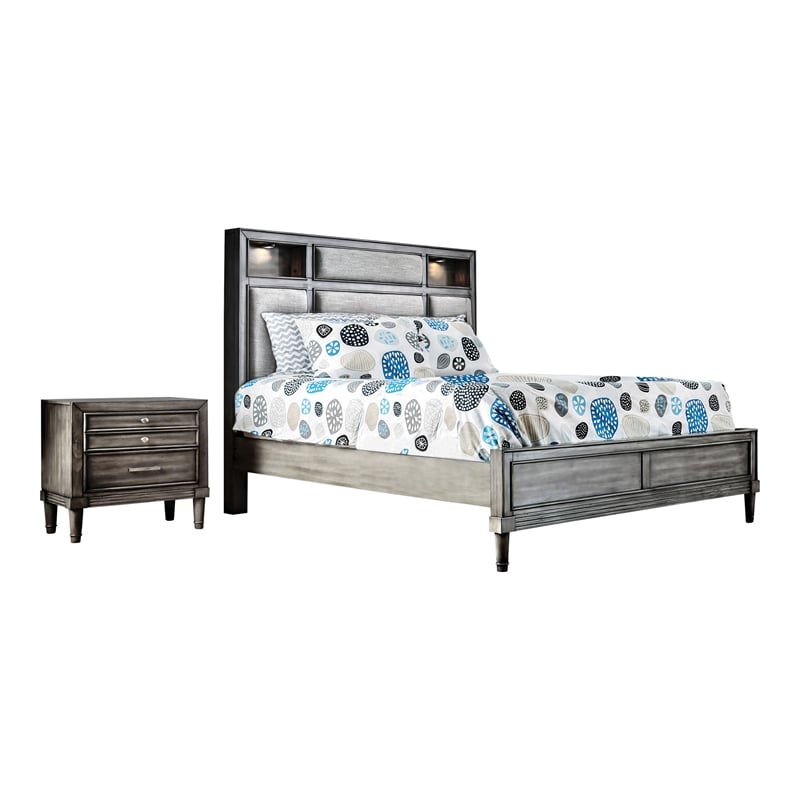FOA Cartagena 2pc Gray Solid Wood Bedroom Set- Cal King + 1 Nightstand