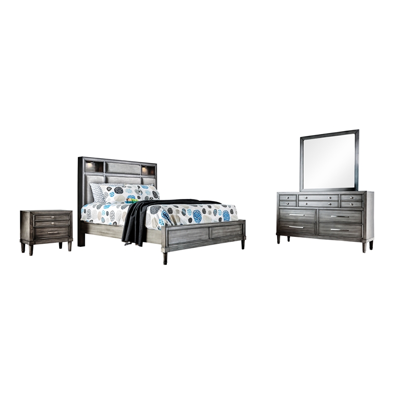 FOA Cartagena 4pc Gray Solid Wood Bedroom Set-Cal King+Nightstand+Dresser+Mirror