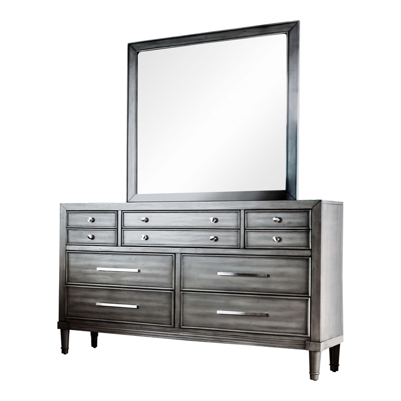 FOA Cartagena 4pc Gray Solid Wood Bedroom Set-Cal King+Nightstand+Dresser+Mirror