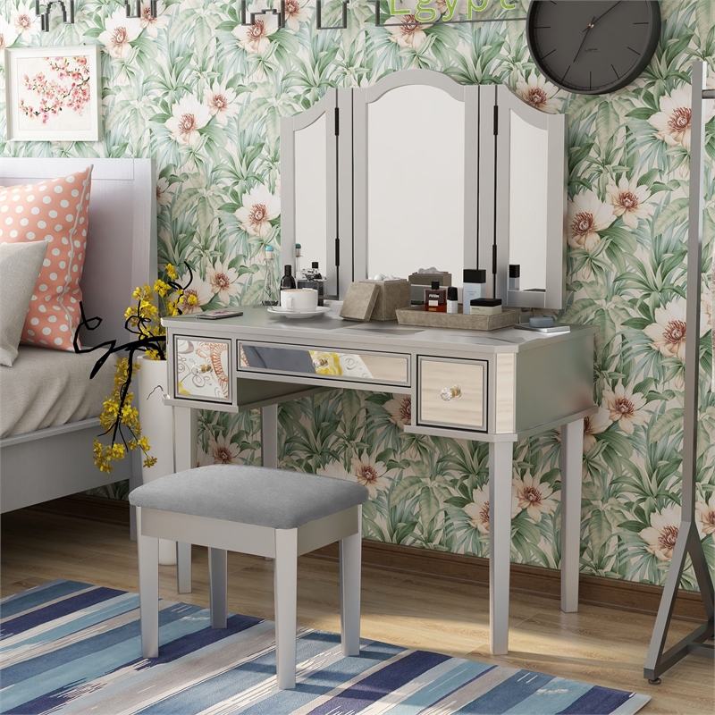 Furniture of America Buete Contemporary Wood 3-Piece Vanity Set in Silver