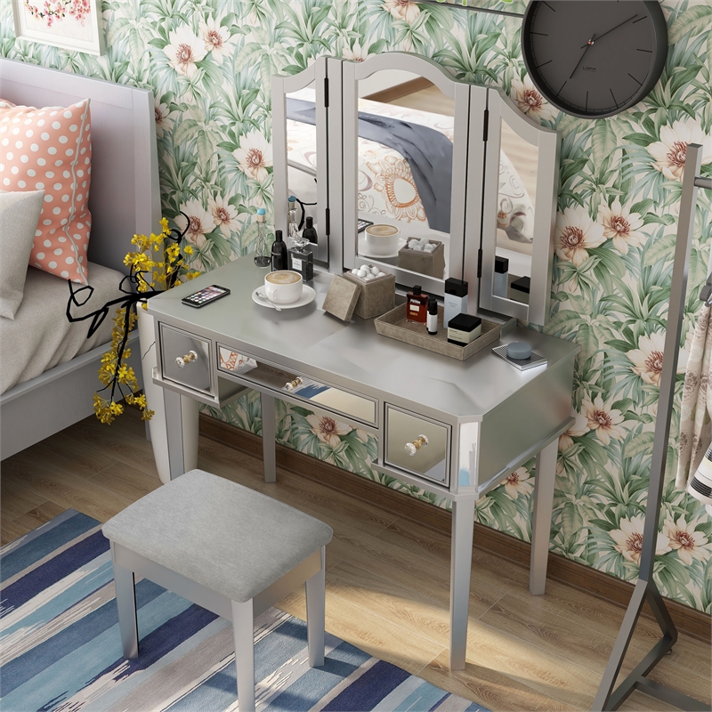 Furniture of America Buete Contemporary Wood 3-Piece Vanity Set in Silver