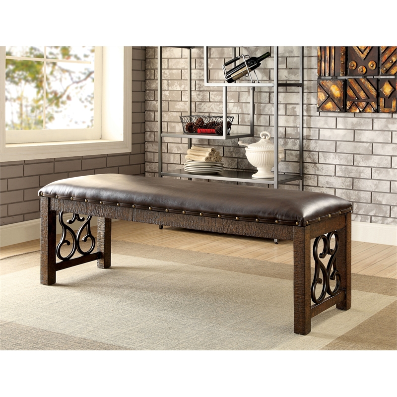 Furniture of America Arlyne Faux Leather Padded Dining Bench in Rustic Walnut