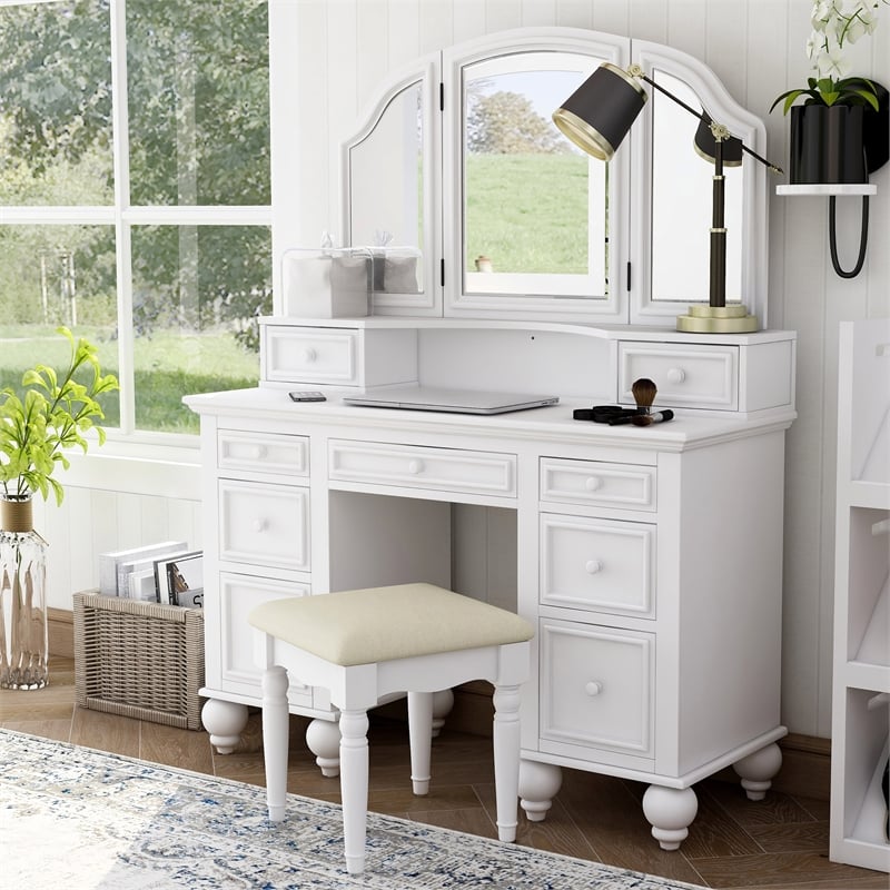 Furniture of America Tamarah Wood 3-Piece Bedroom Vanity Set in White