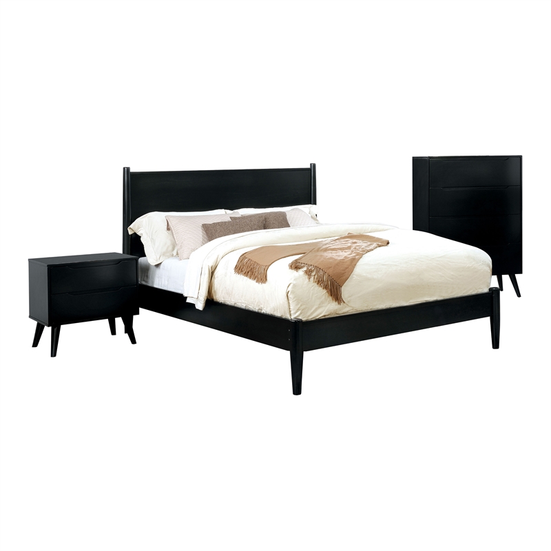 FOA Belkor 3-Piece Black Solid Wood Bedroom Set - Queen + Nightstand + Chest