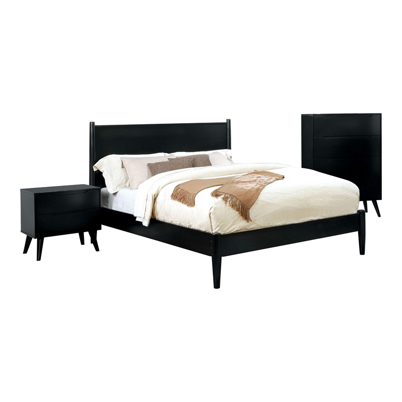 FOA Belkor 3-Piece Black Solid Wood Bedroom Set - Cal King + Nightstand + Chest