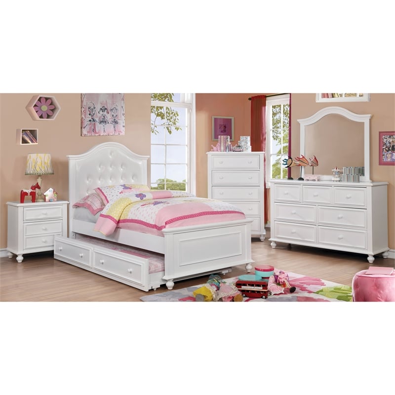 Noell Twin Bed with Faux Leather Headboard in White