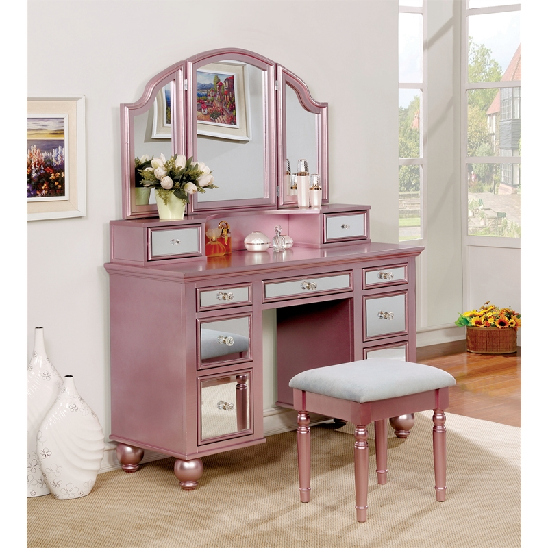 Furniture of America Diane Contemporary Wood 3Piece Vanity Set in Rose