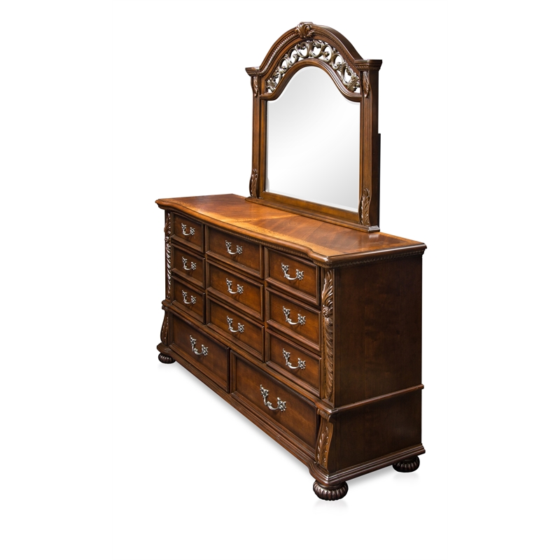 Furniture of America Eleo Solid Wood 2-Piece Dresser and Mirror in Brown Cherry