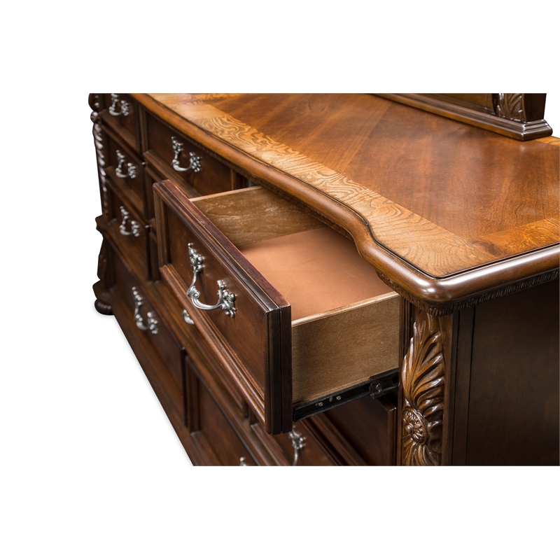 Furniture of America Eleo Solid Wood 2-Piece Dresser and Mirror in Brown Cherry