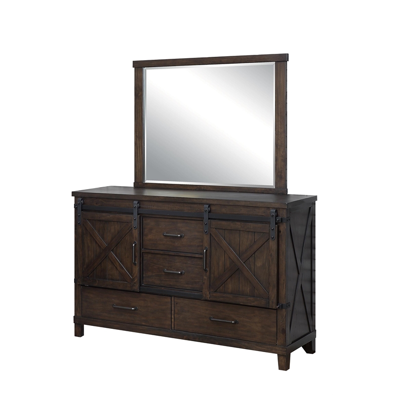 Furniture Of America Andrew Rustic Wood Dresser And Mirror In Dark Walnut Idf 7734 Dm