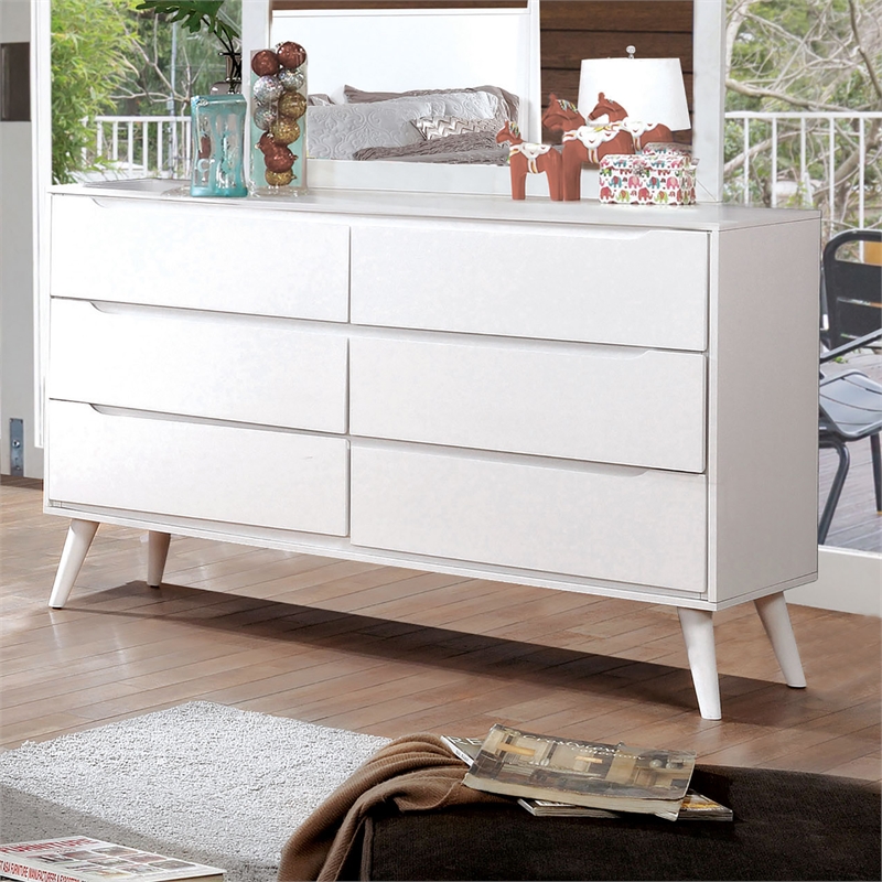 Furniture of America Belkor Mid-Century Modern Wood 6-Drawer Dresser in White