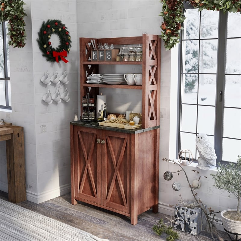 Furniture of America Schuetz Rustic Wood Multi-Storage Baker Rack in Walnut