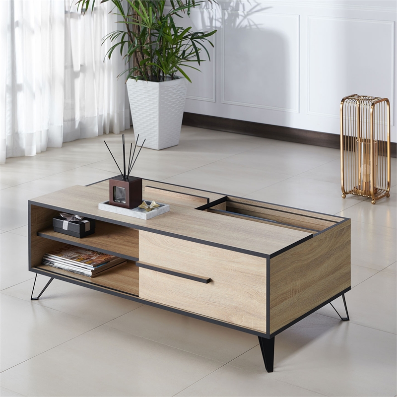Furniture of America Evermore Modern Wood Storage Coffee Table in Natural Oak