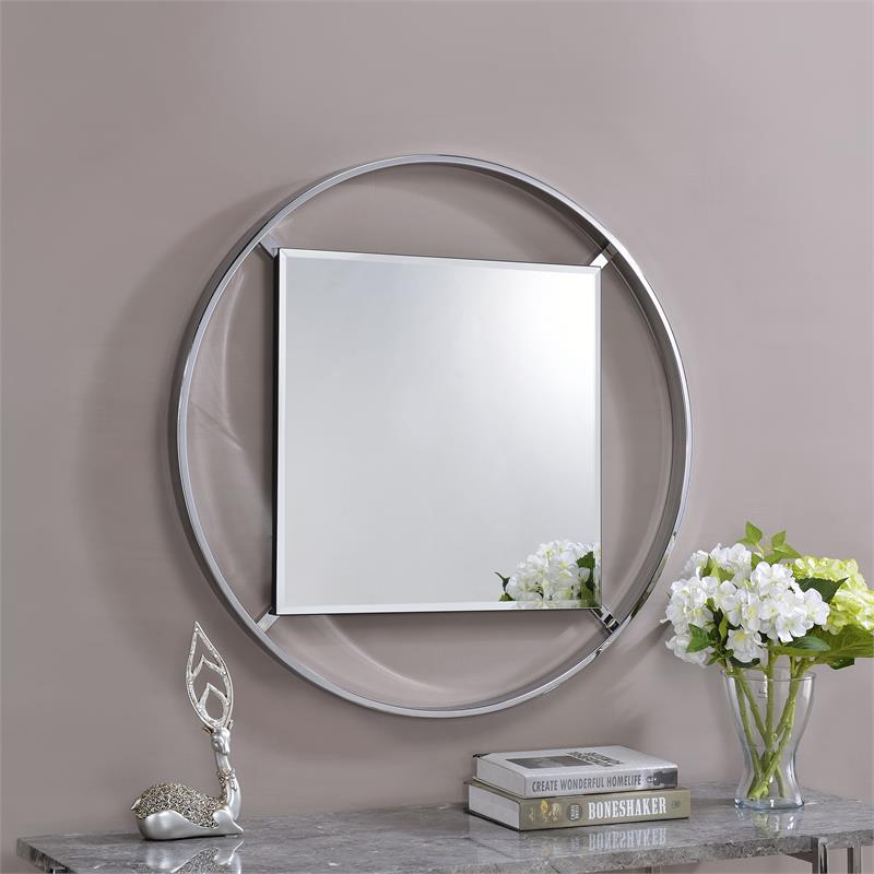Furniture of America Norman Metal Frame Beveled Wall Mirror in Chrome