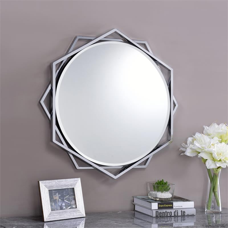 Furniture of America Aquila Metal Beveled Wall Mirror in Chrome