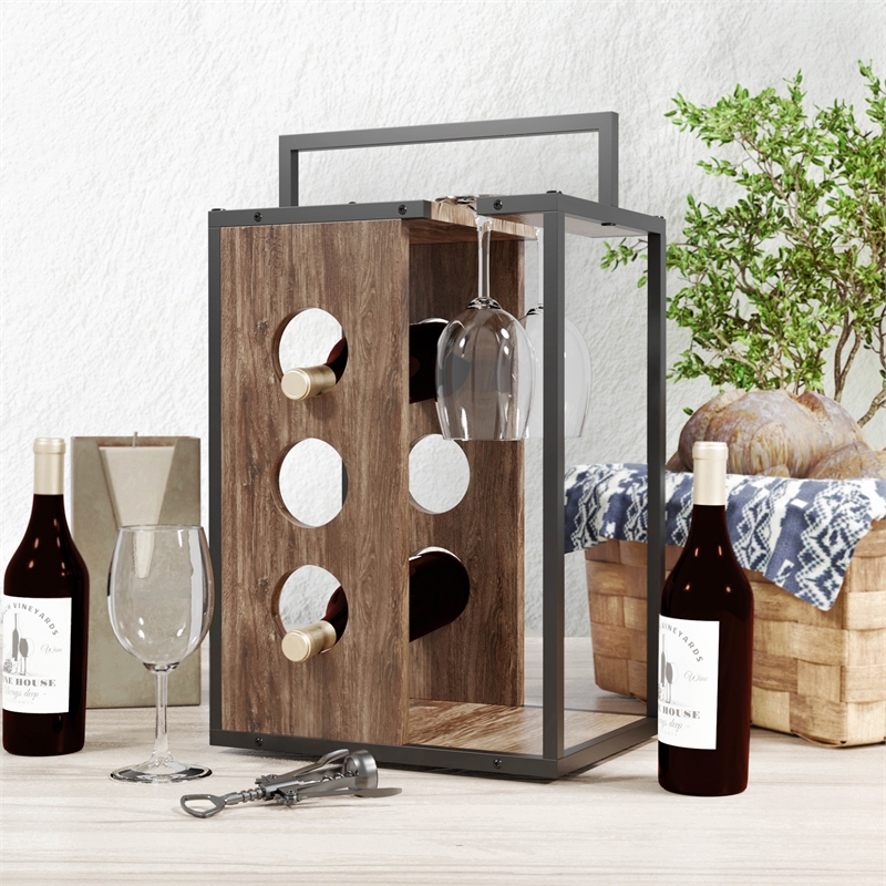 Furniture of America Harvan Industrial Wood 3-Bottle Wine Rack in Reclaimed Oak