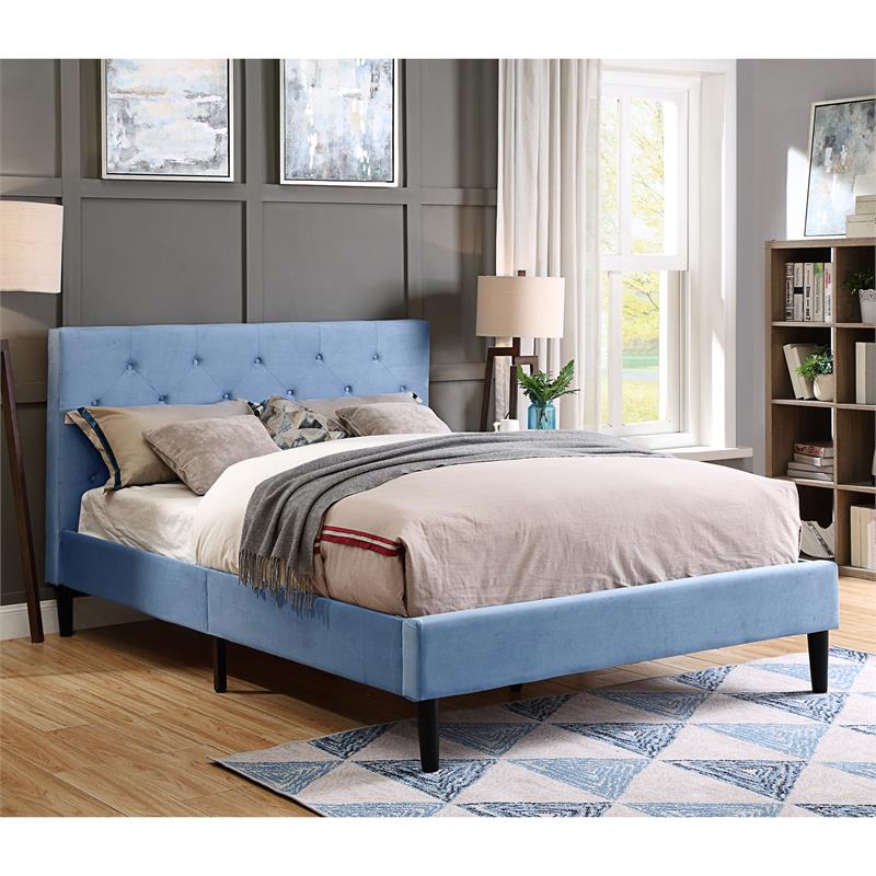 Furniture of America Frohm Fabric Button Tufted Queen Platform Bed in Blue