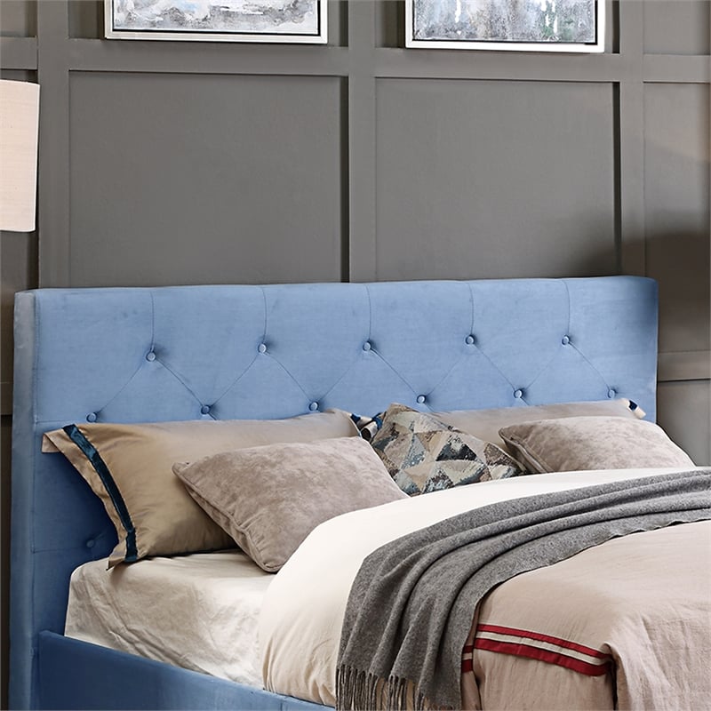 Furniture of America Frohm Fabric Button Tufted Queen Platform Bed in Blue