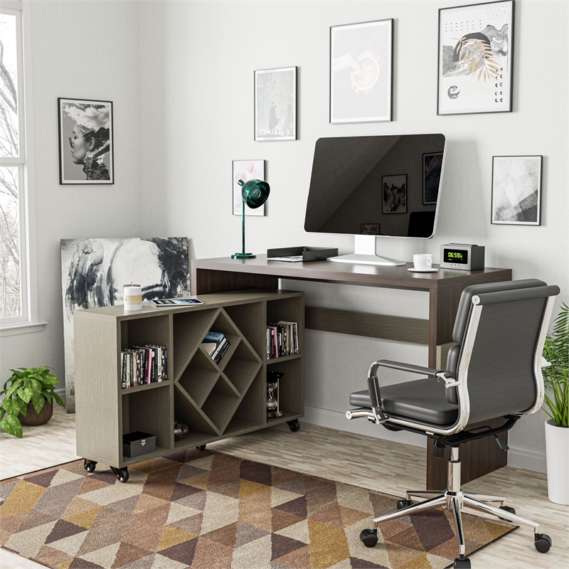 FOA Minshew Solid Wood 2-Piece Convertible Desk with Bookcase Set in Brown