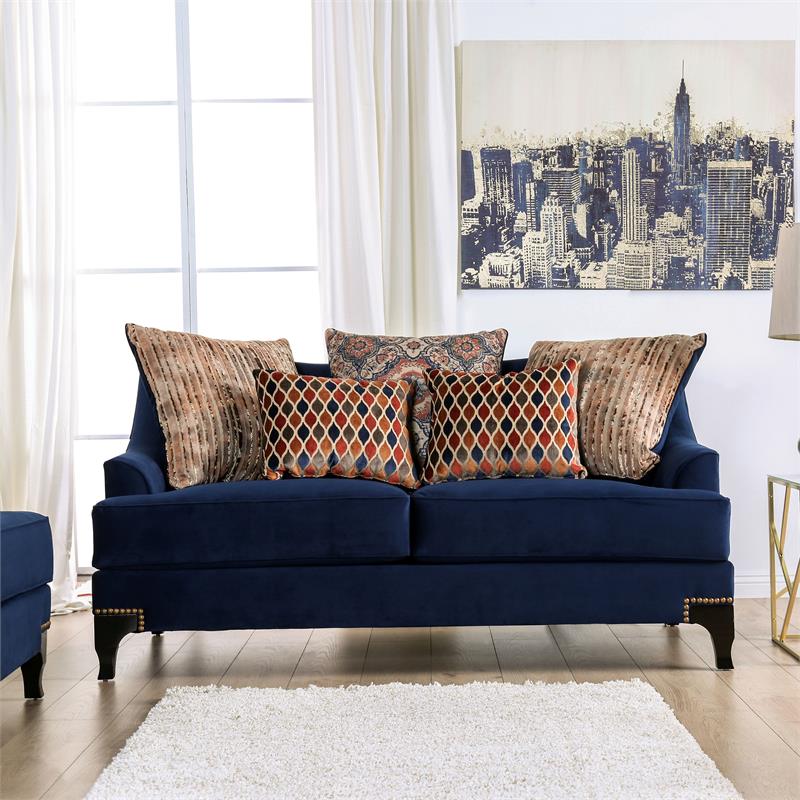 Furniture of America Allyson Transitional Chenille Loveseat in Navy