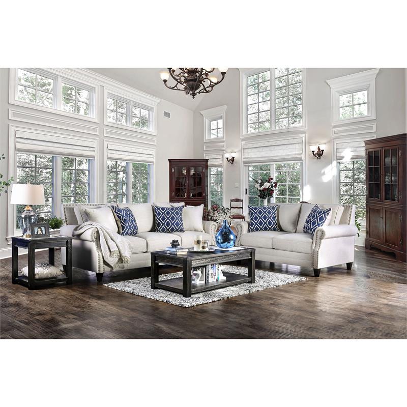 Furniture of America Hanson Fabric Nailhead Trim 2-Piece Sofa Set in Beige