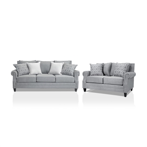 Furniture of America Hanson Fabric Nailhead Trim 2-Piece Sofa Set in Gray