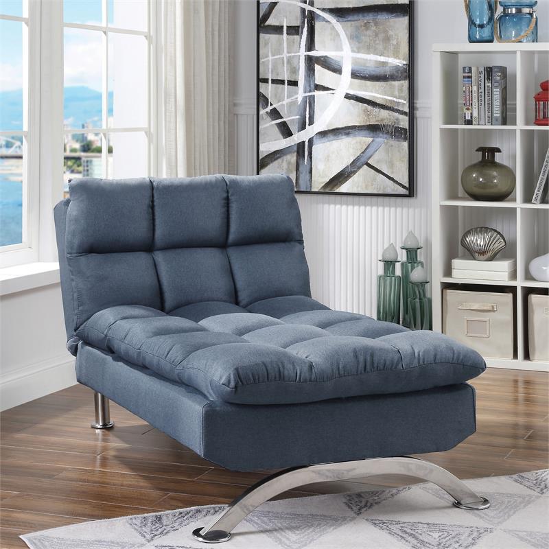 furniture of america preston blue faux leather chaise with metal legs