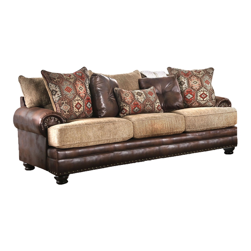 Furniture of America Morgan Faux Leather T-cushion Pillow Back Sofa in Brown