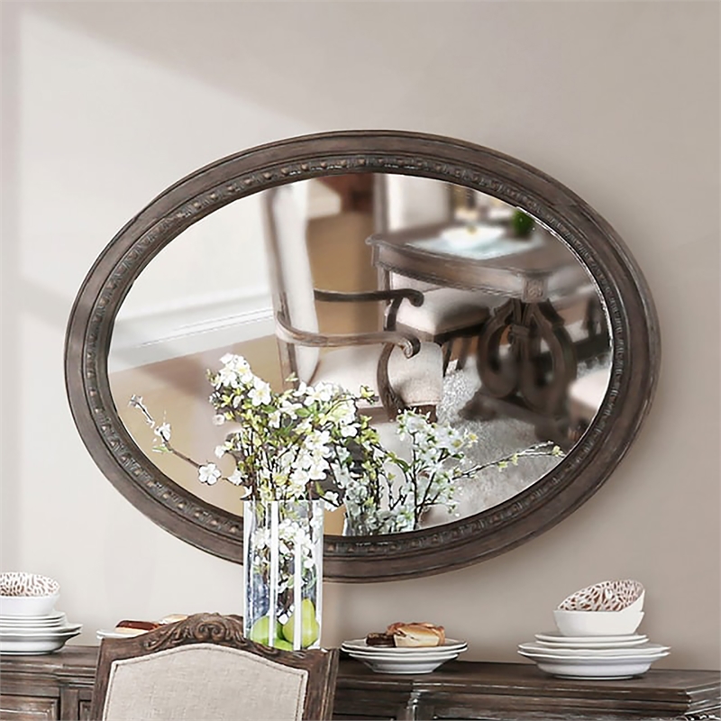 Furniture of America Clyde Solid Wood Oval Mirror in Rustic Natural Tone