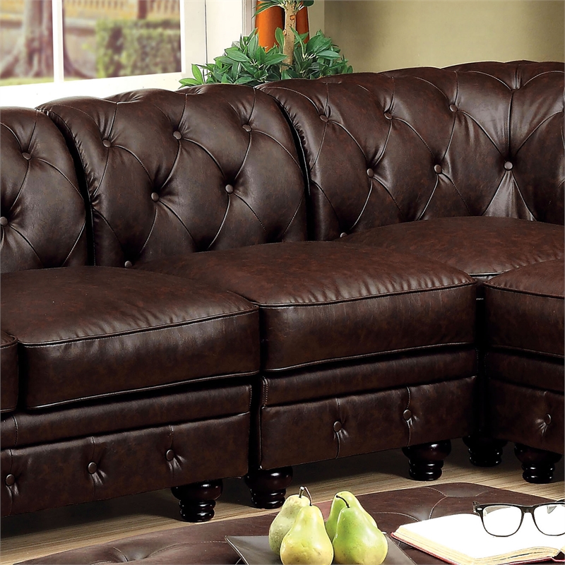 Furniture of America Caelan Faux Leather Tufted Armless Chair in Brown