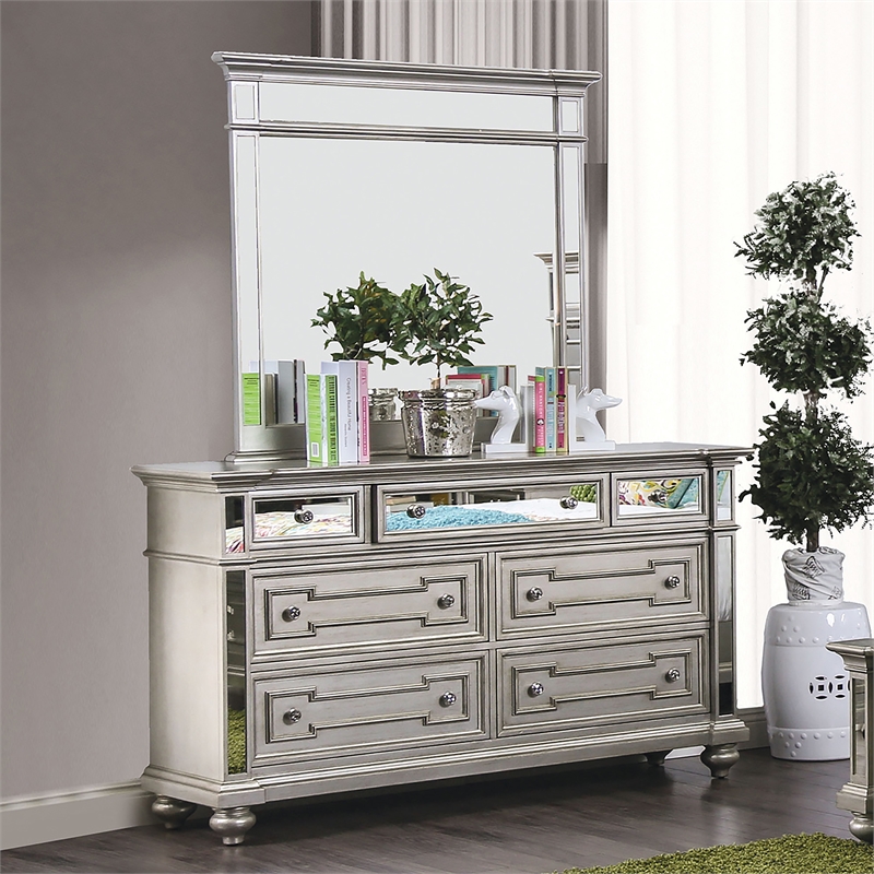 Furniture Of America Farrah Solid Wood, Silver Dresser With Mirror And Nightstand Set Of 2