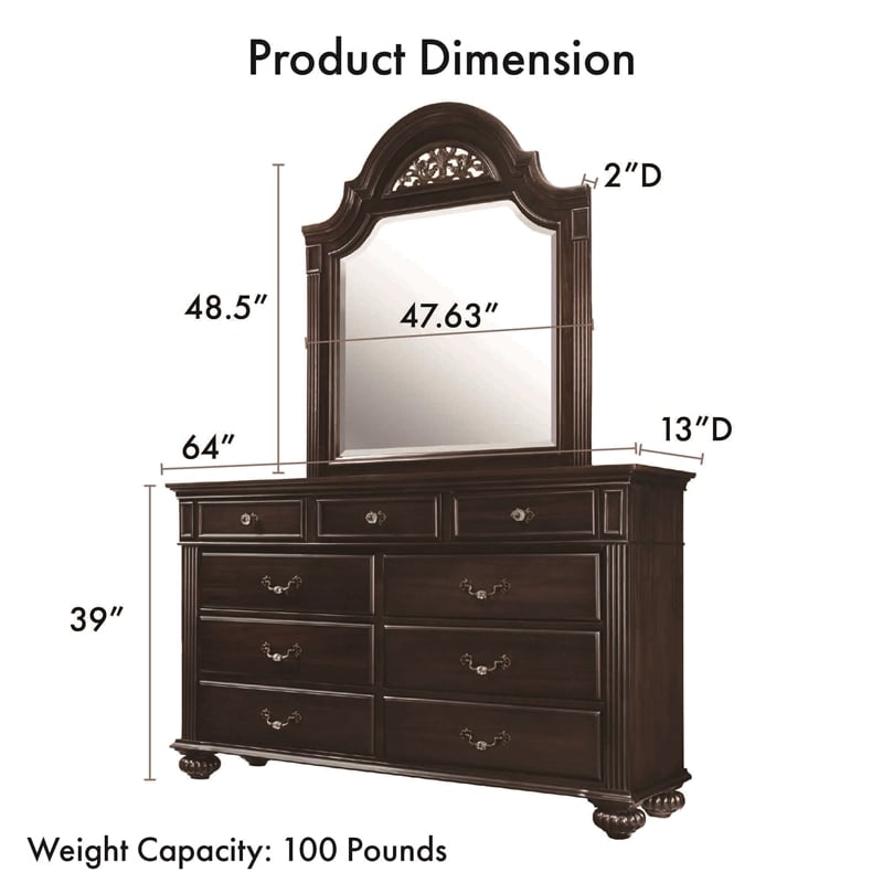 Furniture of America Damos 2-Piece Solid Wood Dresser and Mirror in Dark Walnut