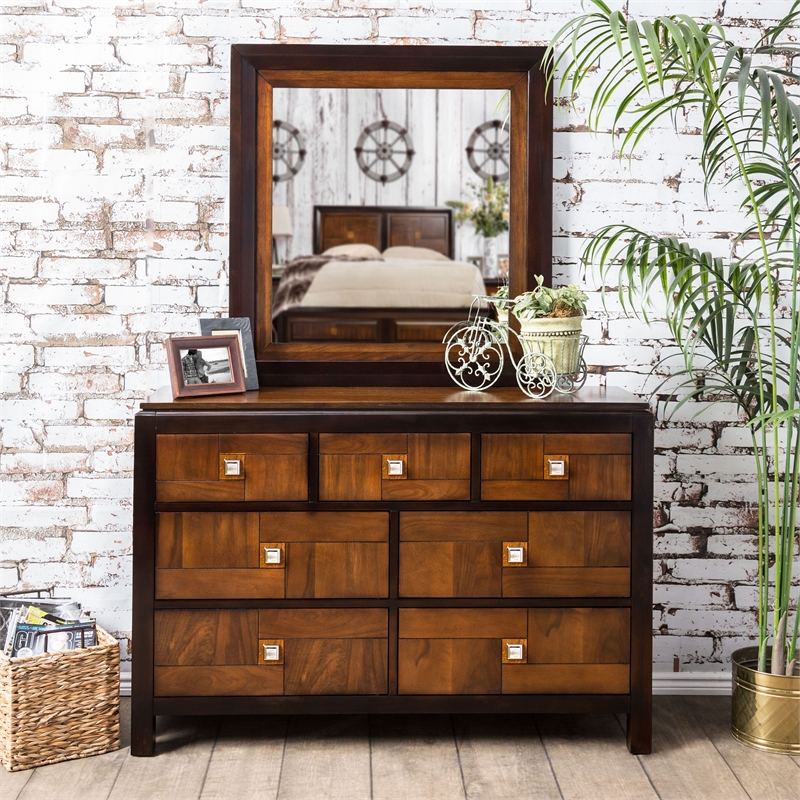 Furniture of America Delia Wood 2-Piece Dresser and Mirror in Acacia and Walnut
