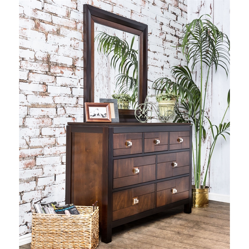 Furniture of America Delia Wood 2-Piece Dresser and Mirror in Acacia and Walnut