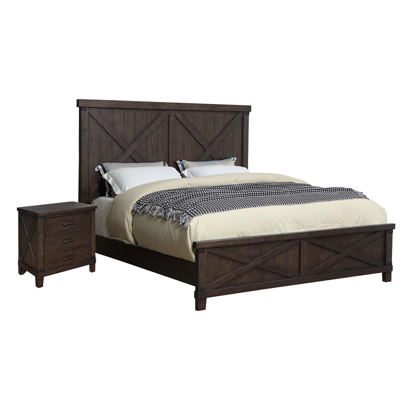 FOA Andrew 2pc Dark Walnut Solid Wood Bedroom Set - Cal King + Nightstand