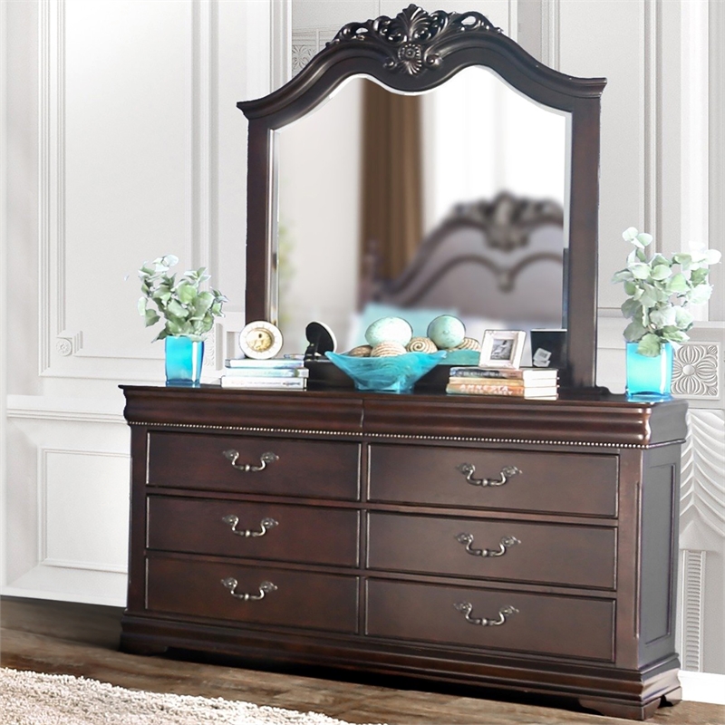 Furniture of America Ruben Solid Wood 2-Piece Dresser and Mirror in Cherry