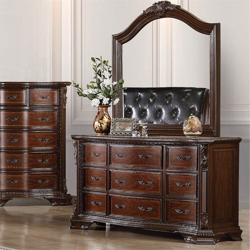 Furniture of America Cheston Wood 2-Piece Dresser with Mirror in Brown Cherry