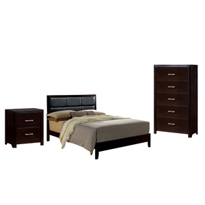 furniture of america barett 3 piece wooden faux leather padded panel bedroom set in espresso