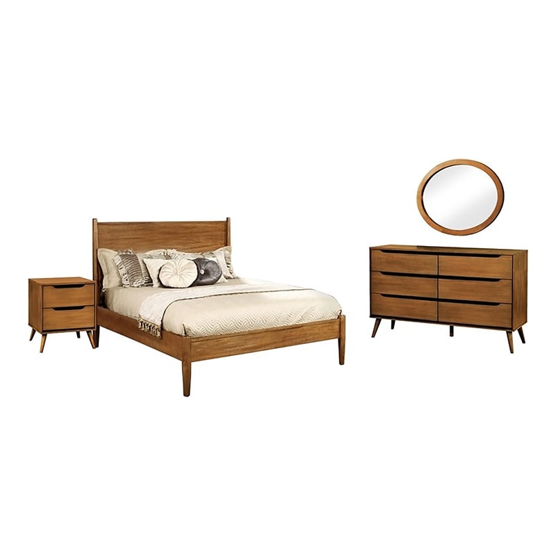 FOA Belkor 4pc Oak Wood Bedroom Set-Cal King+Nightstand + Dresser + Oval Mirror
