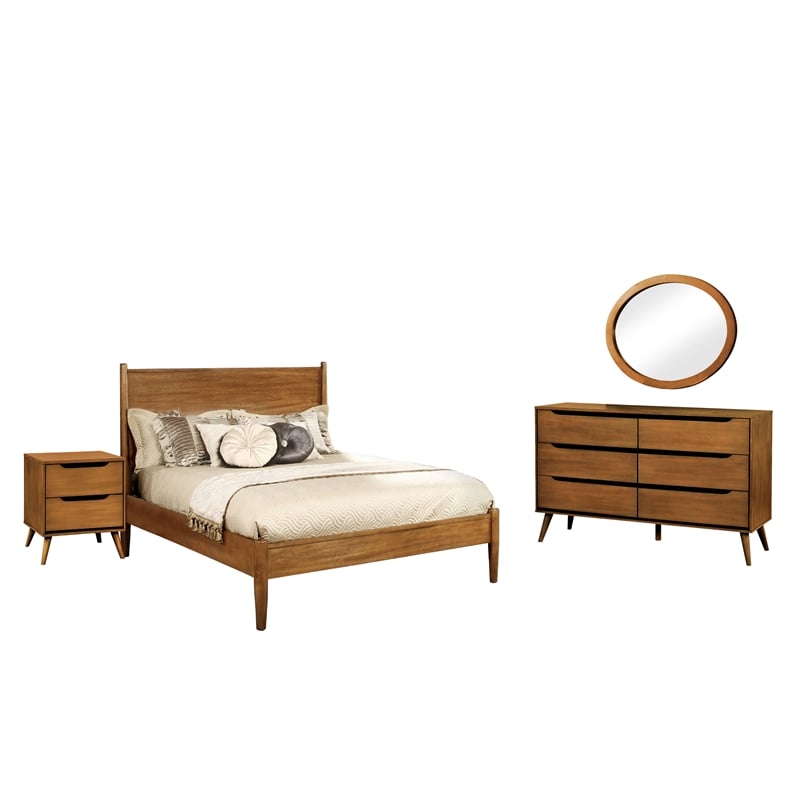 FOA Belkor 4pc Oak Wood Bedroom Set - Queen+Nightstand+Dresser+Oval Mirror