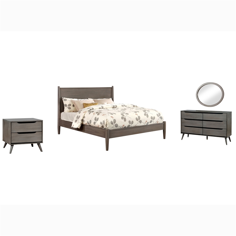 FOA Belkor 4pc Gray Wood Bedroom Set - Queen+Nightstand+Dresser+Mirror