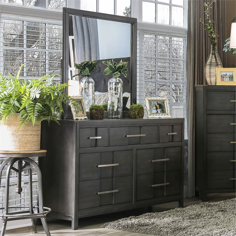 Furniture of America Vela 2-Piece Wood Dresser and Mirror in Gray