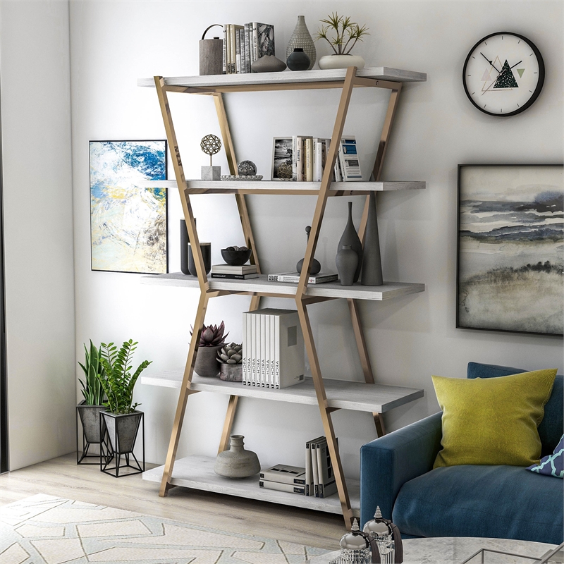 Furniture of America Ketano Metal 4-Shelf Bookcase in Gold Champagne