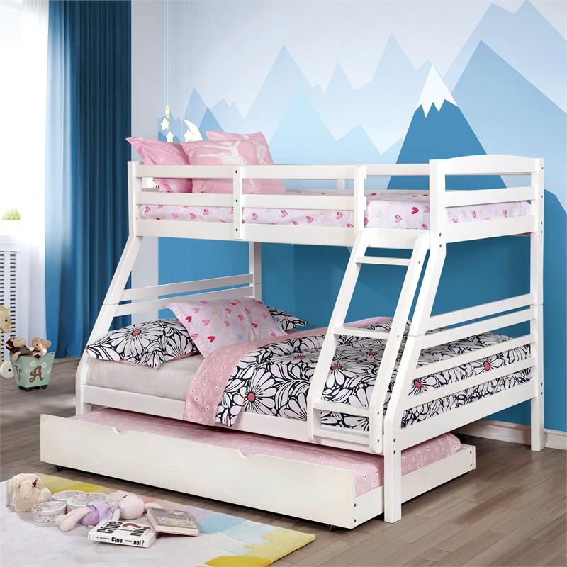 FOA Freddie Solid Wood Twin over Full Bunk Bed with Trundle in White